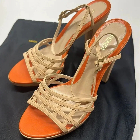 Fendi High Heel Pumps Shoes Ankle Strap Leather Designer Orange Tan Size 37 6.5 - Picture 6 of 14